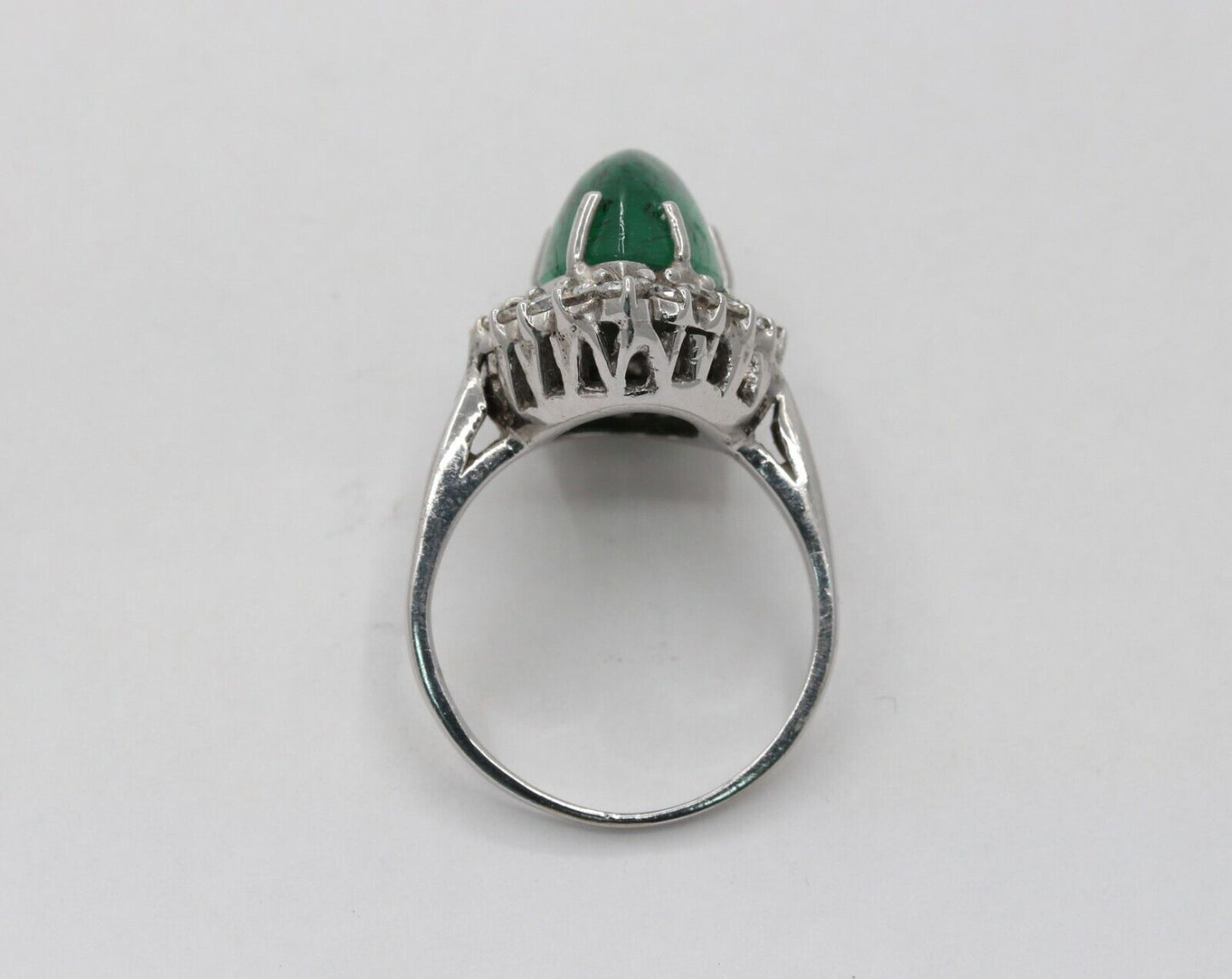 14K White Gold Cabochon Emerald Diamond Engagement Ring Alternative