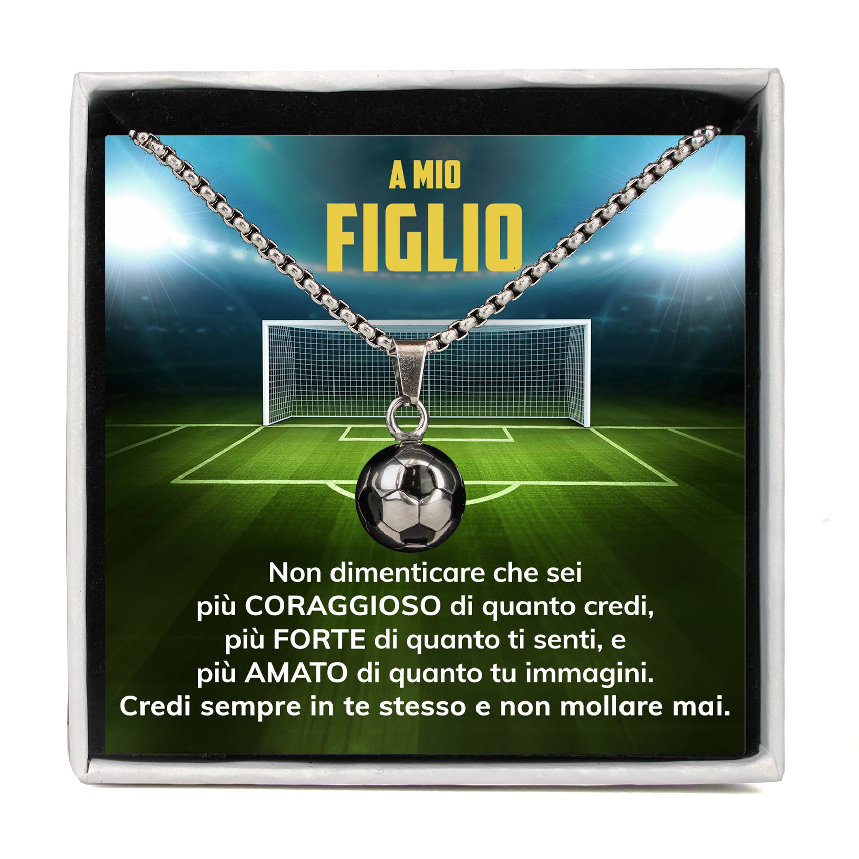 Collana Pallone Da Calcio In Acciaio Inox - Ciondolo 3D Con Scatola Regalo Per Appassionati Di Calcio - Foto 3