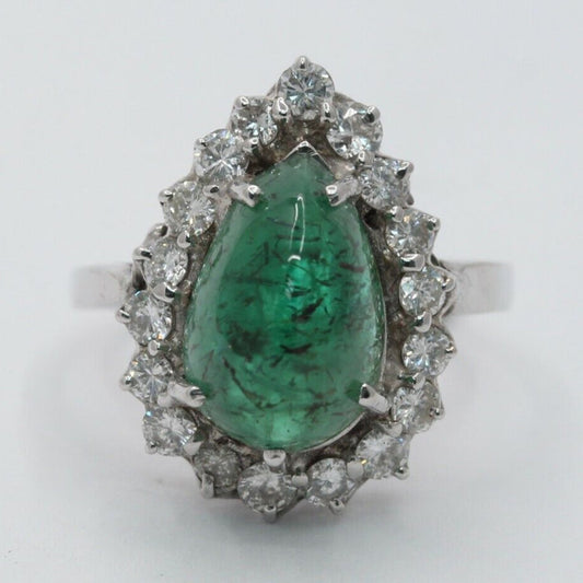 14K White Gold Cabochon Emerald Diamond Engagement Ring Alternative