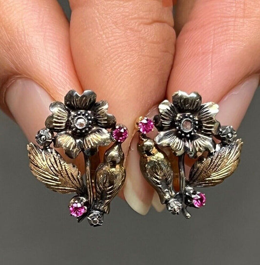 14k Yellow Gold Antique Style Rose Cut Diamond and Synthetic Ruby Huggie Earrings