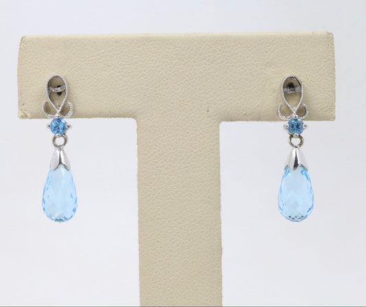 14K White Gold Briolette Blue Topaz  Earrings
