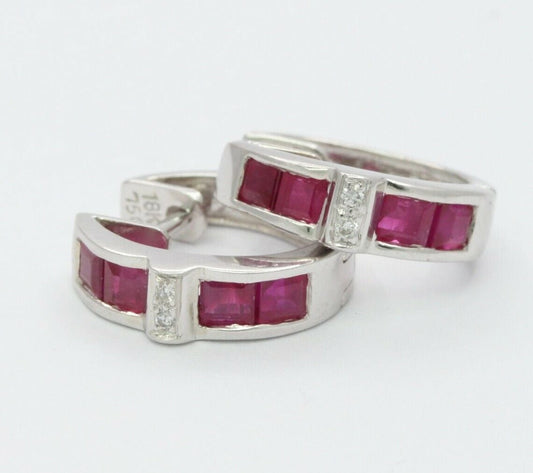 18K White Gold Diamond, Natural Ruby Huggie Earrings