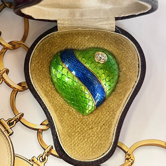 1930’s Faberge Russian Diamond Green Enamel Heart Brooch